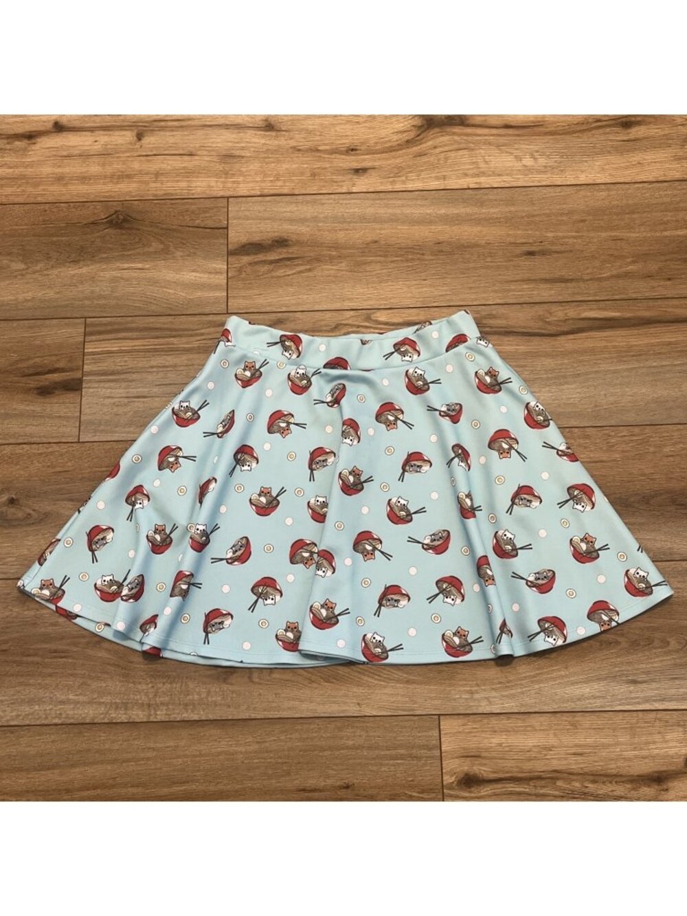 Hot Topic Ramen Kitty Cat Skater Skirt SZ Medium Mini Blue Stretch